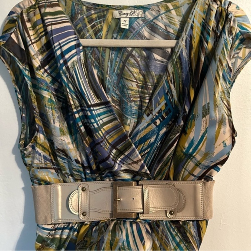 Corey P Dress Satin Size 12 faux Wrap Empire Waist Multicolor with belt
